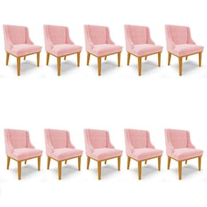 Kit 10 Cadeiras Estofadas para Sala de Jantar Base Fixa de Madeira Castanho Lia Suede Rosa bebê - Ib