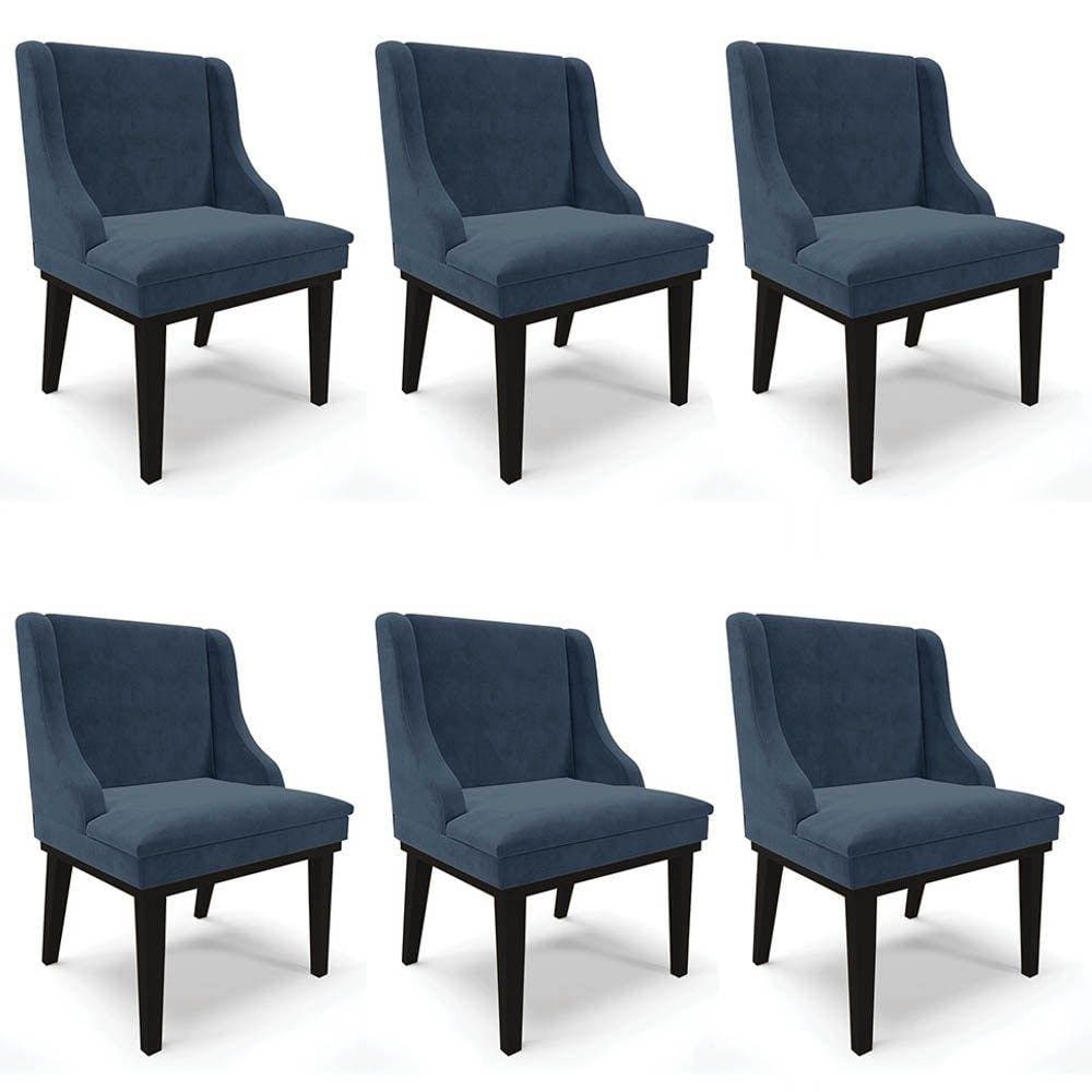 Kit 6 Cadeiras Estofadas para Sala de Jantar Base Fixa de Madeira Preto Lia Suede Azul Marinho - Ibi