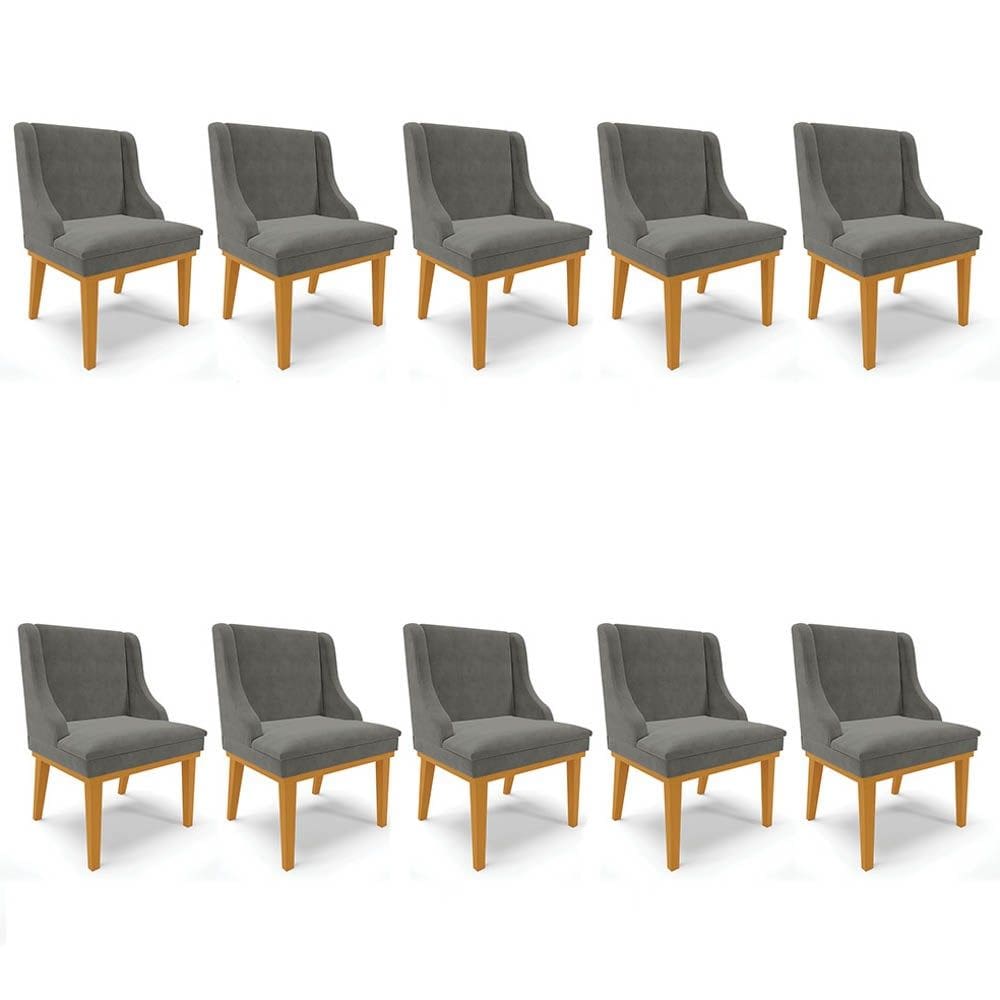 Kit 10 Cadeiras Estofadas para Sala de Jantar Base Fixa de Madeira Castanho Lia Suede Grafite - Ibiz