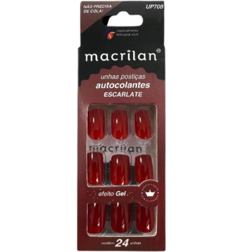 Macrilan Unhas Postiças Autocolantes Efeito Gel Escarlate Up708 (24 Unidades)
