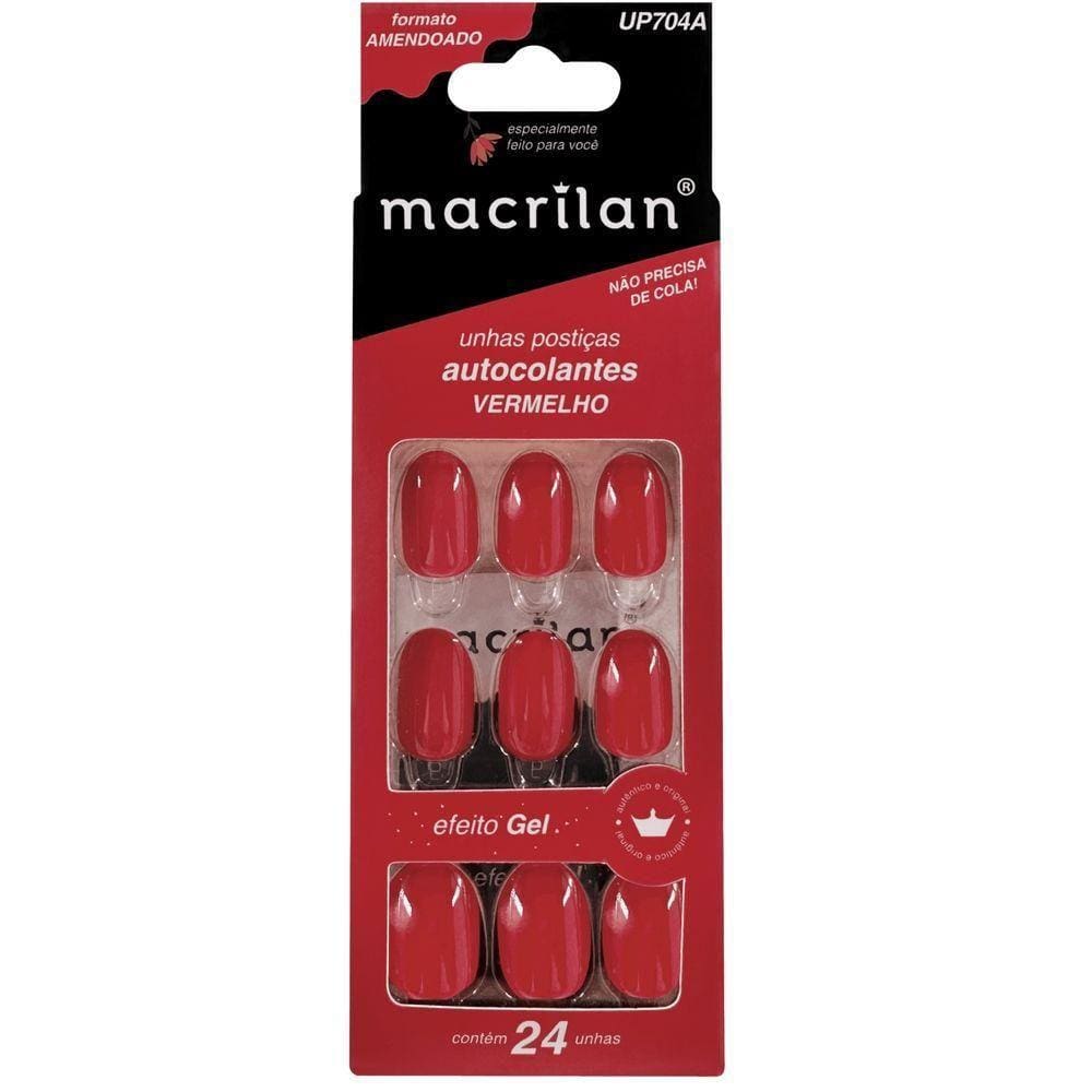 Macrilan Unhas Postiças Autocolantes Efeito Gel Vermelho Up704A (24 Unidades)