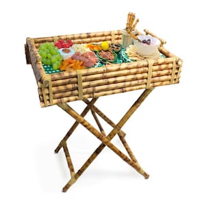 Bandeja de Bambu Retangular com Suporte Cavalete Apoio Cesto Decorativo para Piscina Casa Hotel