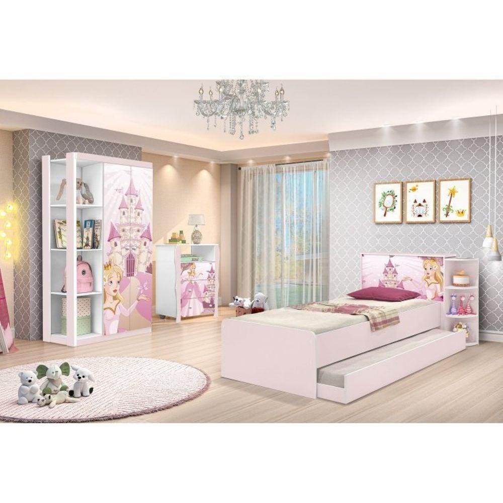 Jogo de Quarto Infantil Cama e Guarda Roupa Princesa Rosa em