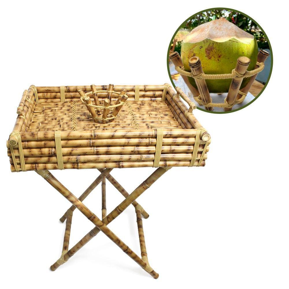 Bandeja de Bambu Retangular com Suporte Porta Coco e Cavalete Apoio Cesto Decorativo Casa Hotel