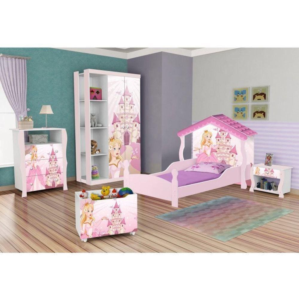 Jogo de Quarto Infantil Cama e Guarda Roupa Princesa Rosa em