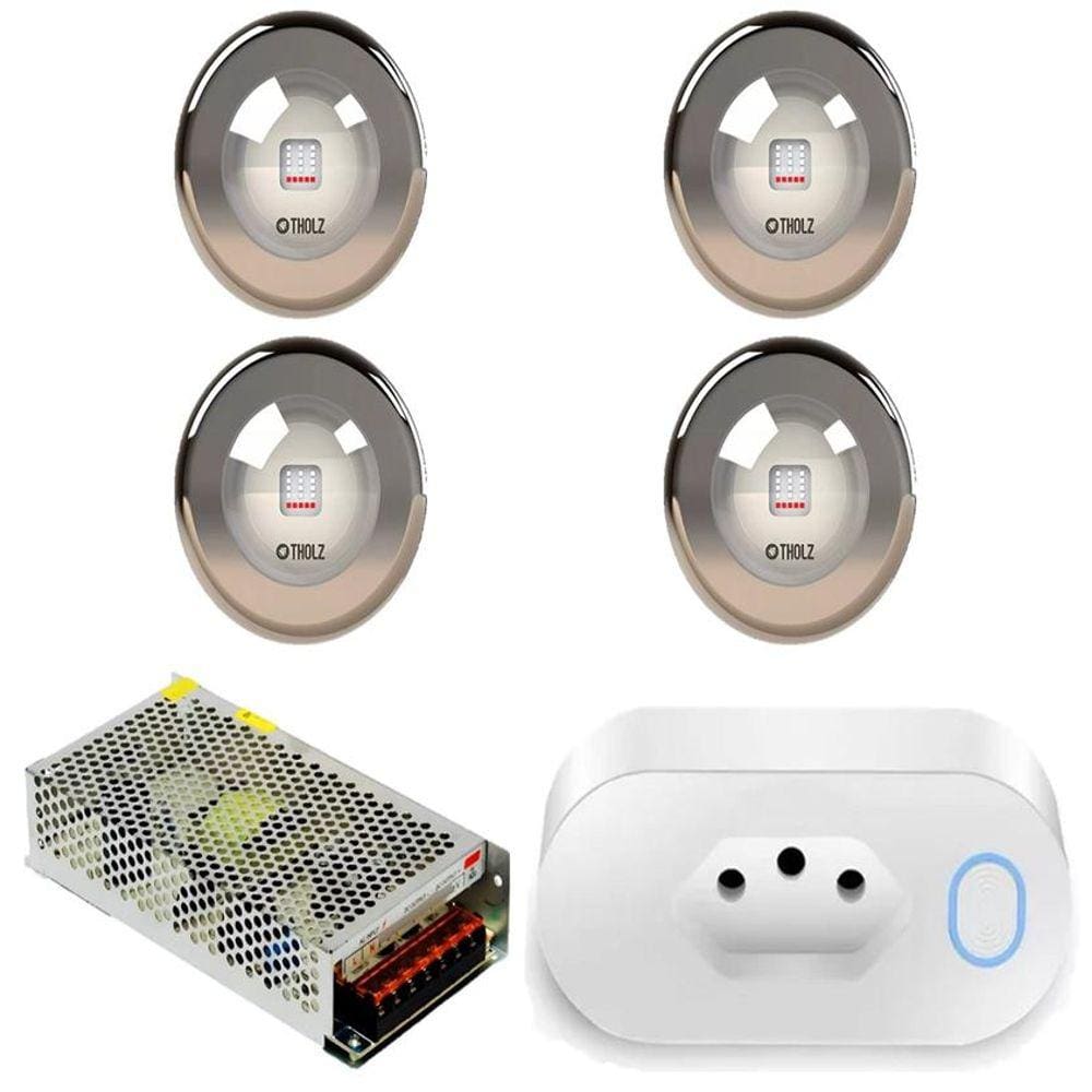 Kit 4 Led 18W Azul Premium Inox Tholz + Fonte + Tomada Wifi