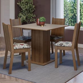 Conjunto Sala de Jantar Mesa Tampo de Madeira 4 Cadeiras Rustic/Crema/Floral Hibiscos Samara Madesa