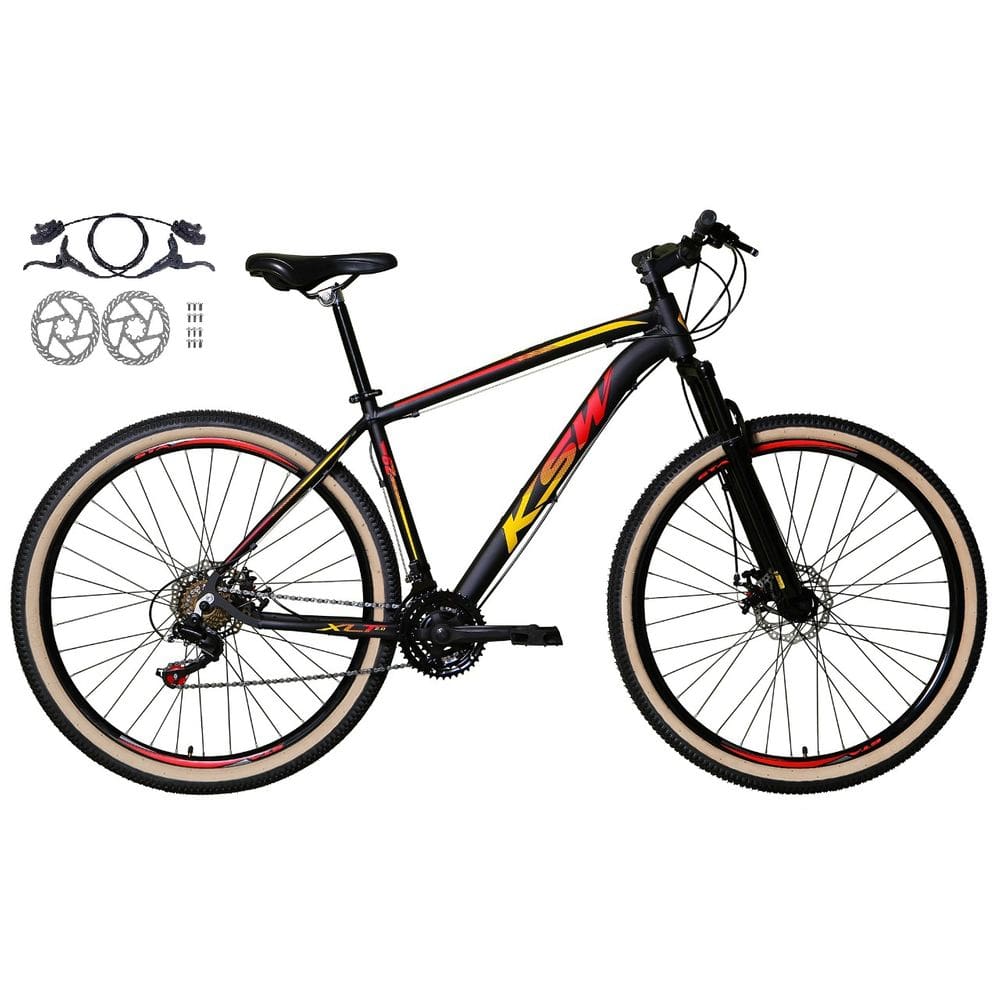 Bicicleta Aro 29 Ksw Xlt 24v Freios a Disco Hidráulicos Garfo Suspensão Pneu com Faixa Bege - Preto\Vermelho\Amarelo