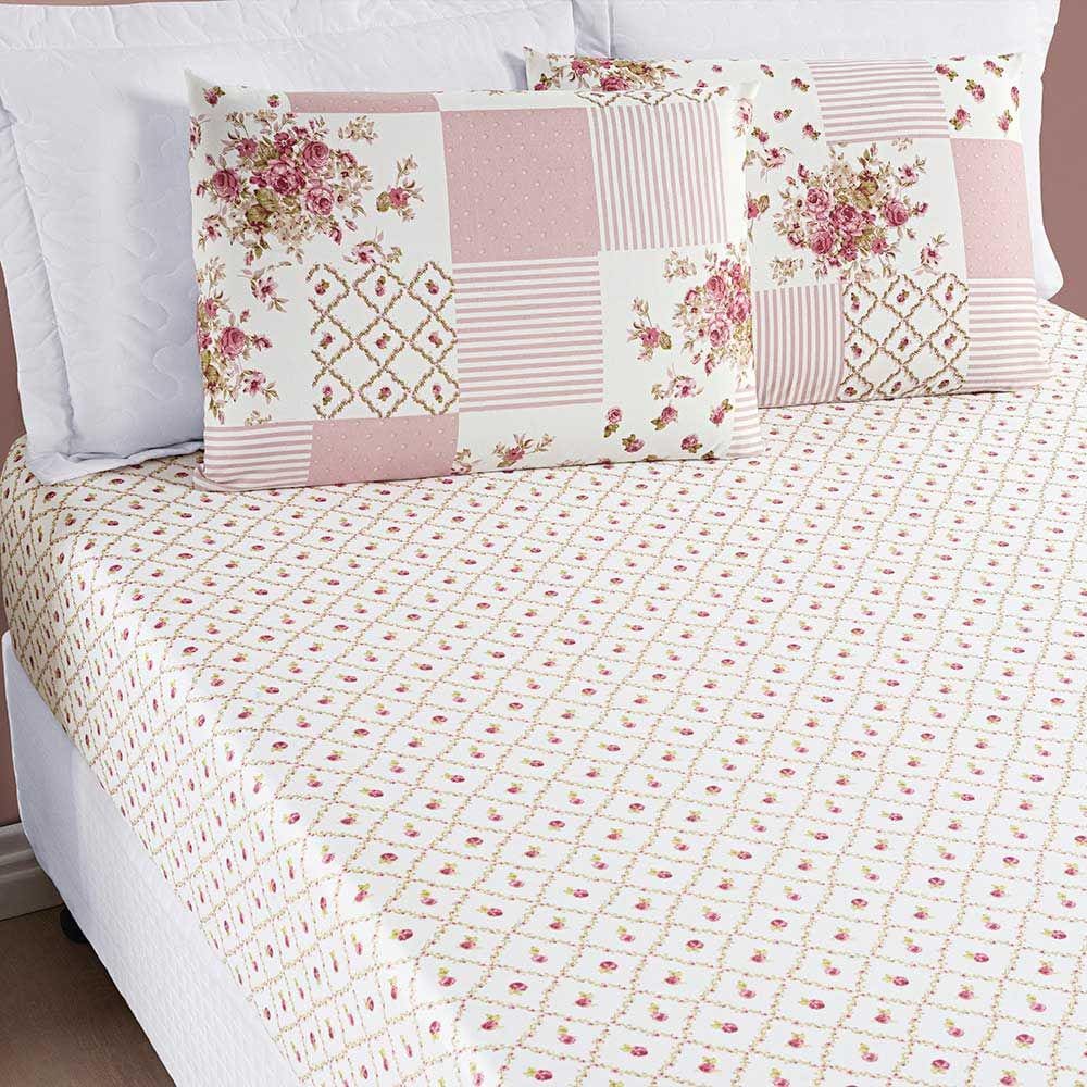 Jogo de Cama Lençol Dallas Casal Padrão Microfibra 3 Peças - Rosa Matura Patchwork