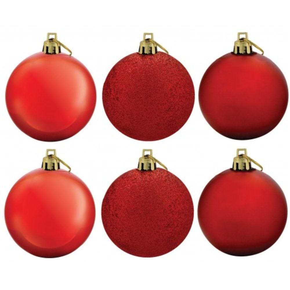Kit Bola De Natal Mista Gliter, Fosca, Brilho Vermelha 6 Unidades 8cm - Magizi