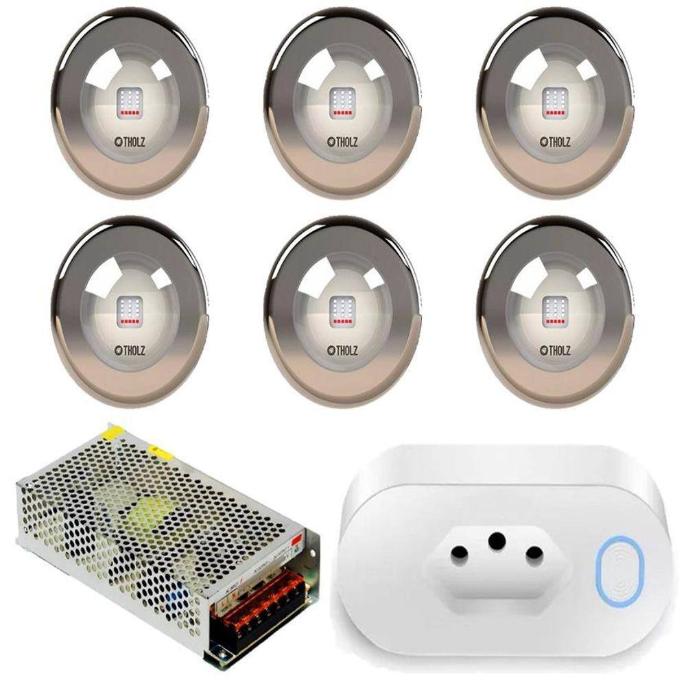 Kit 6 Led 18W Azul Premium Inox Tholz + Fonte + Tomada Wifi