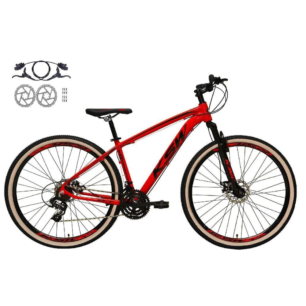 Bicicleta Aro 29 Ksw Xlt 24v Freios a Disco Hidráulicos Garfo Suspensão Pneu com Faixa Bege - Vermelho