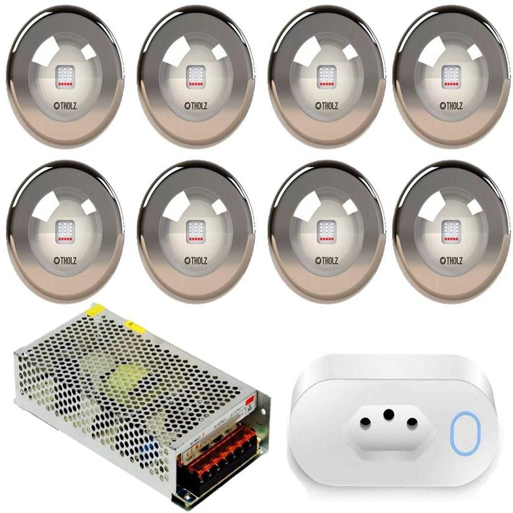 Kit 8 Led 18W Azul Premium Inox Tholz + Fonte + Tomada Wifi