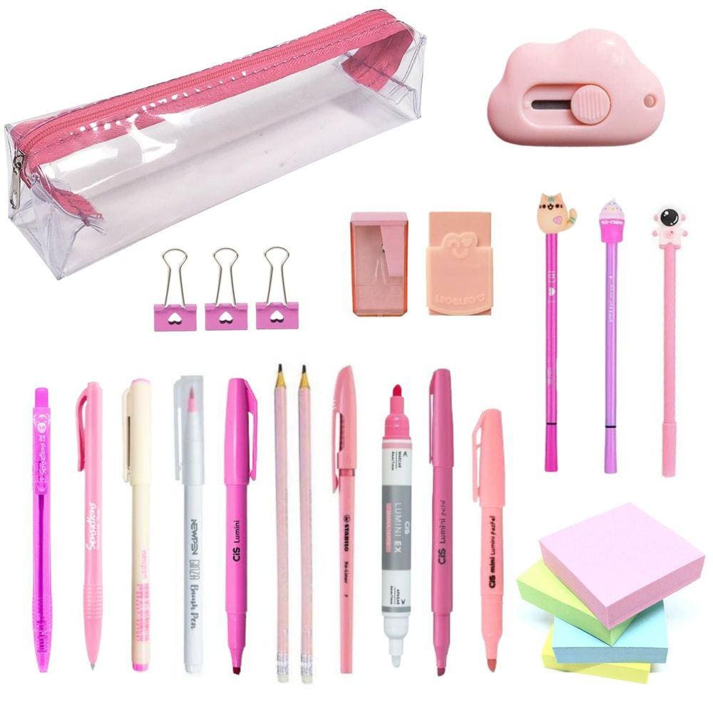 Kit Estojo Tons de Rosa Transparente Escolar Escritorio Completo