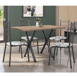 Conjunto Mesa de Jantar 136cm Miami com 4 Cadeiras Santiago Preto/Prata/Branco Floral