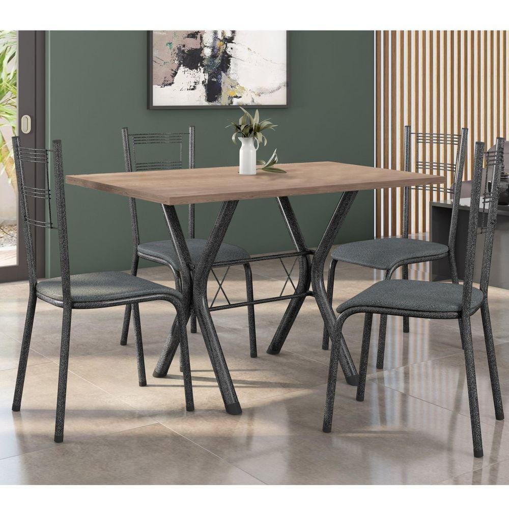 Conjunto Mesa de Jantar 136cm Miami com 4 Cadeiras Santiago Preto/Prata/Mesclado Petróleo