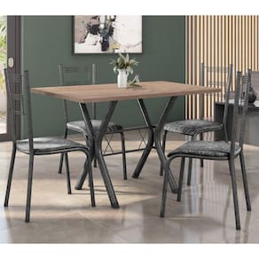 Conjunto Mesa de Jantar 136cm Miami com 4 Cadeiras Santiago Preto/Prata/Trançado Cinza