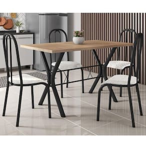 Conjunto Mesa de Jantar 136cm Miami com 4 Cadeiras Madri Preto Fosco/Floral Cinza