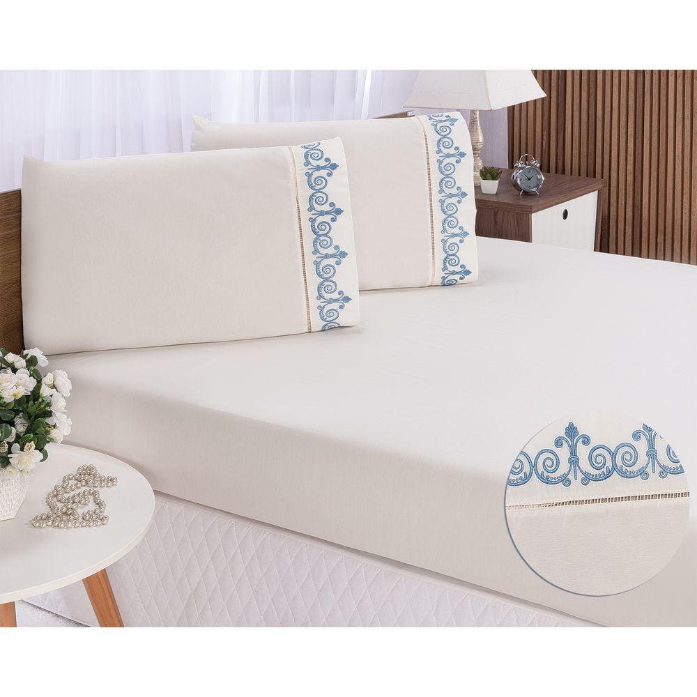 Jogo lençol quarto casal queen bordado 3peças Palha com Azul