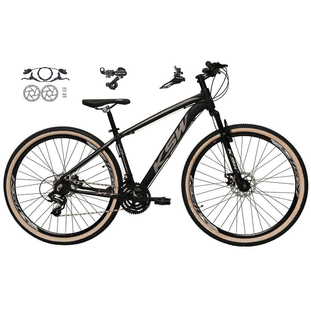 Bicicleta aro 29 Ksw Xlt 24v Câmbios Shimano Freios Hidráulicos Garfo com Suspensão Pneu Faixa Bege - Preto\Prata