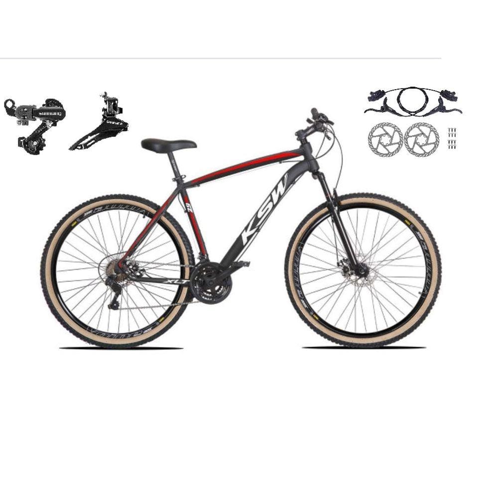 Bicicleta aro 29 Ksw Xlt 24v Câmbios Shimano Freios Hidráulicos Garfo com Suspensão Pneu Faixa Bege - Preto\\Vermelho\\Branco