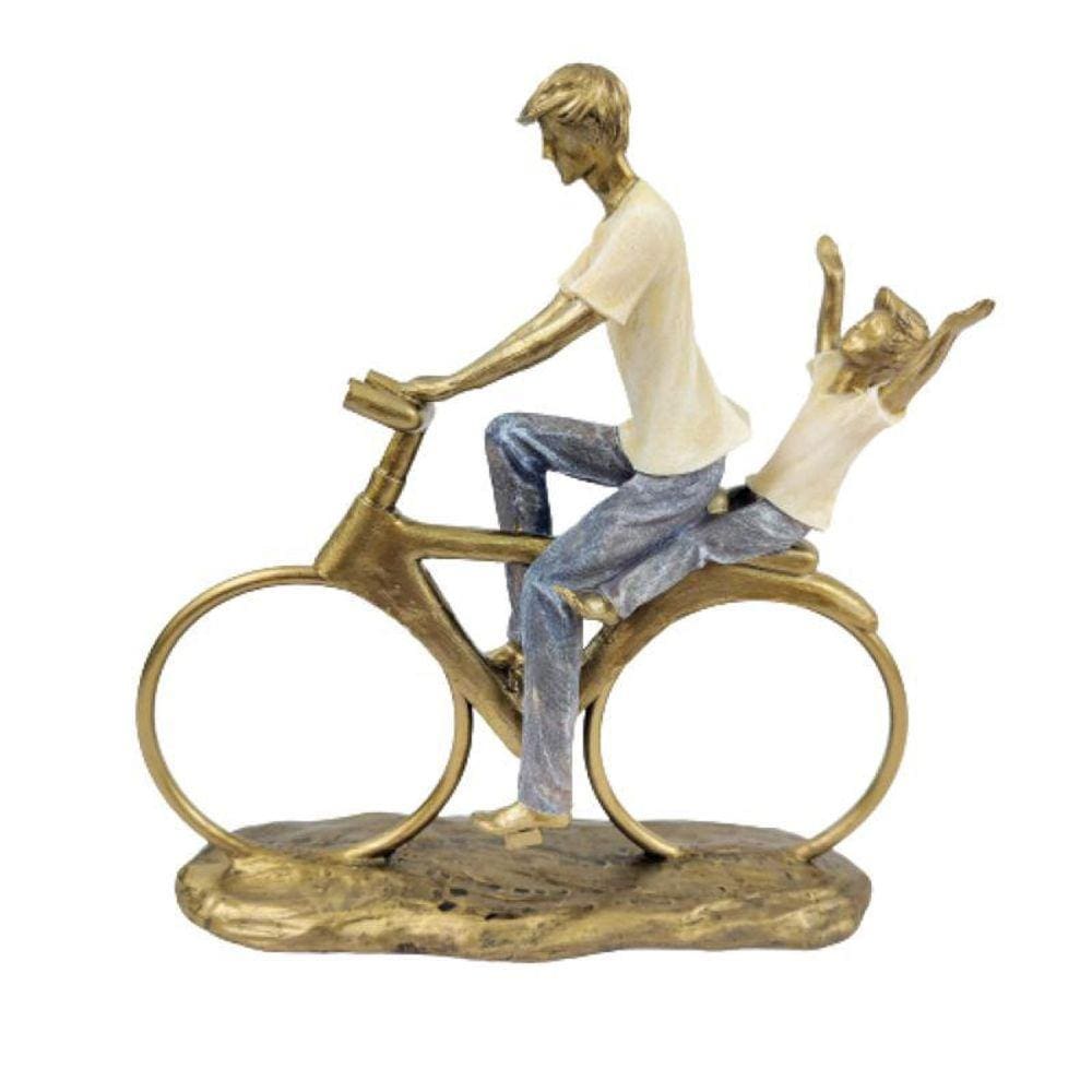 Enfeite Estatua Pai E Filho Na Bike Dourado