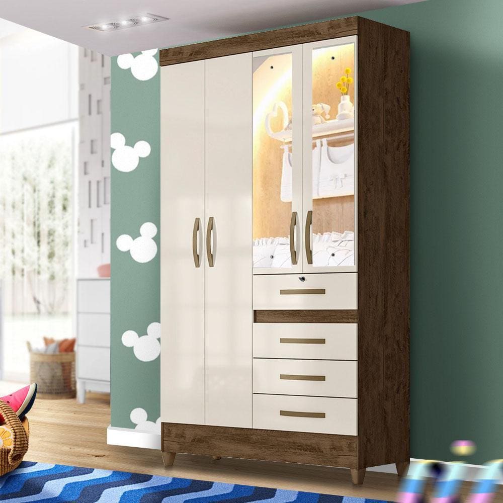 Guarda Roupa Pequeno Com Espelho 4 Portas Infantil Castanho Off White Stella Shop JM - Off White