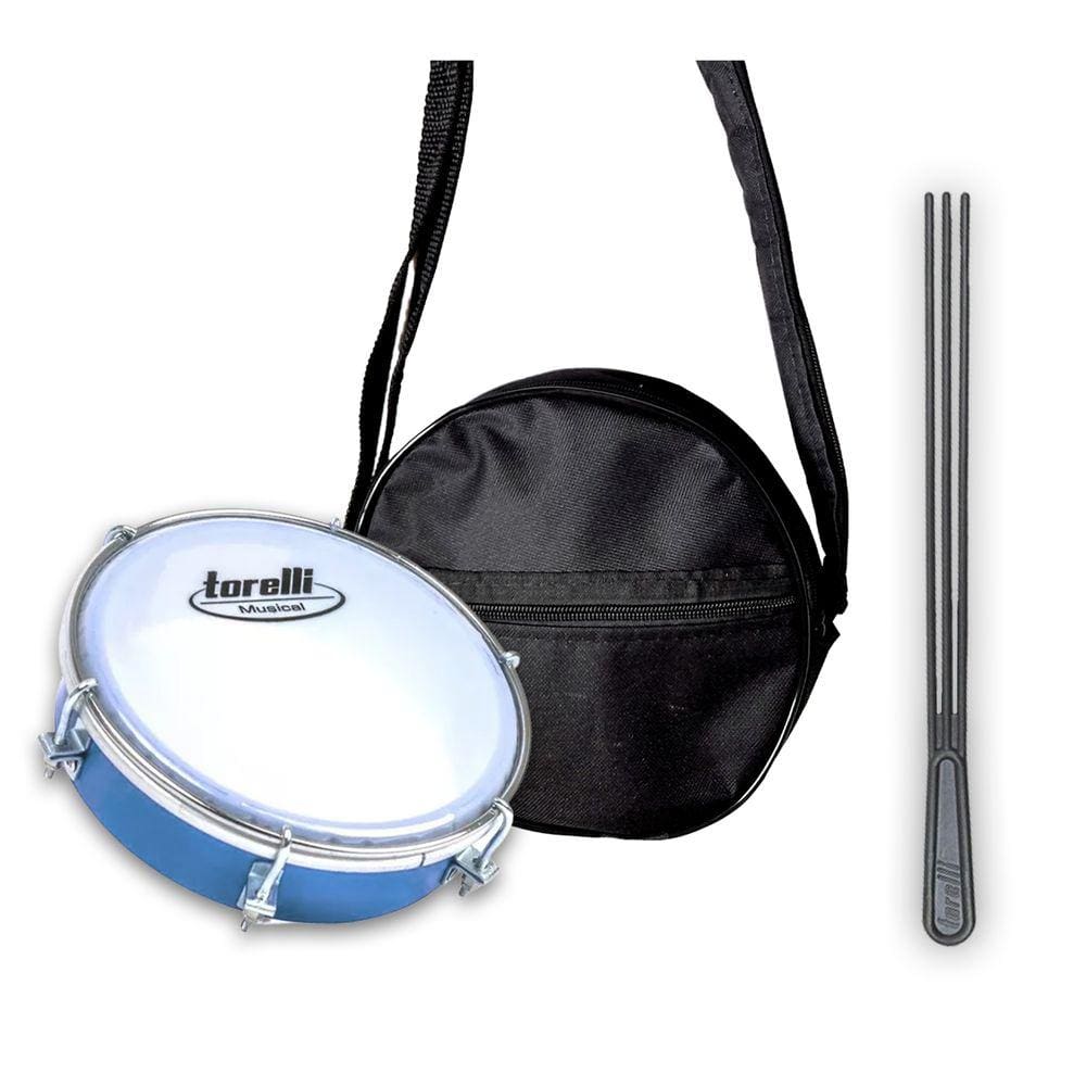 Kit Tamborim Pele Leitosa Torelli Azul, Bag e Baqueta Tripla