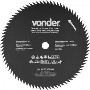 Lâmina Circular Sem Vídea Para Roçadeiras 255Mm X 20Mm- 80Z Vonder