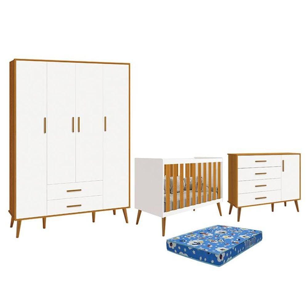 Dormitório Infantil Isis Guarda Roupa 4 Portas, Cômoda 1 Porta e Berço Branco/Savana com Colchão - R