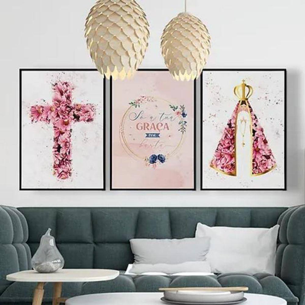 Kit 3 Quadros Nossa Senhora Aquarela Flores 45X34Cm - Com Vidro