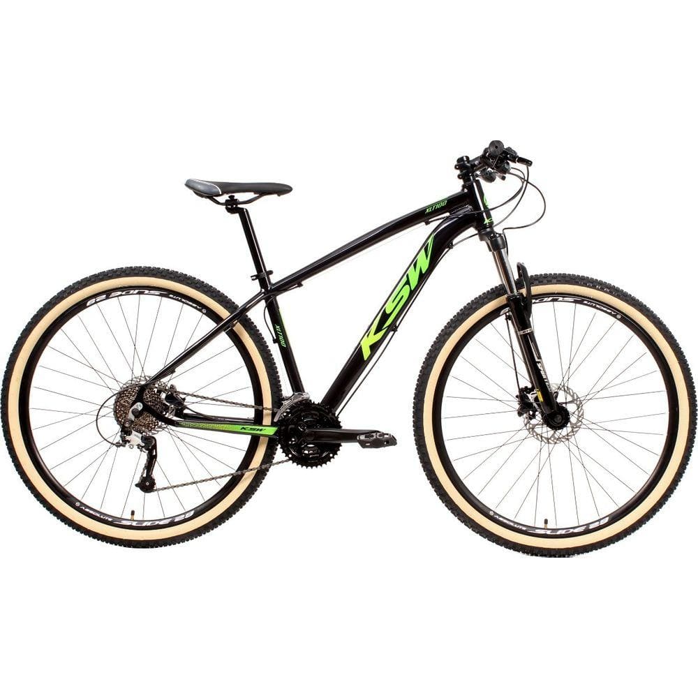 Bicicleta Aro 29 Ksw Xlt 27v Freio Hidráulico K7 Garfo com Trava Pneu com Faixa Bege - Preto\Verde