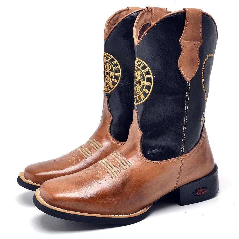 Bota Texana Masculina Couro Bordado Conforto Moderna