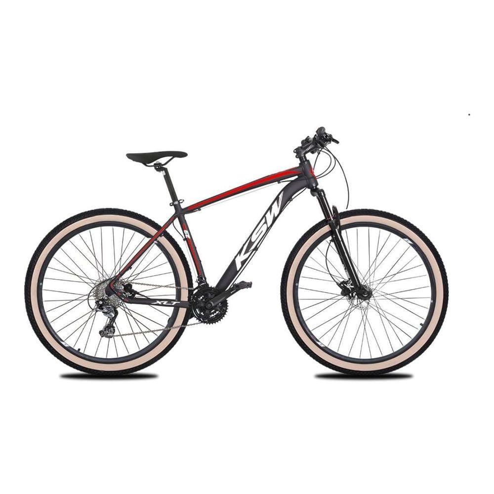Bicicleta Aro 29 Ksw Xlt 27v Freio Hidráulico K7 Garfo com Trava Pneu com Faixa Bege - Preto\Vermelho\Branco