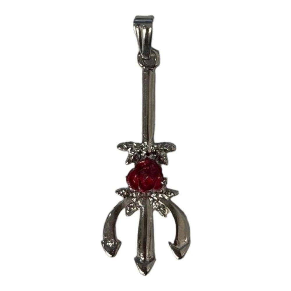 Pingente Tridente Pomba Gira com Rosa 4,1 cm Niquel