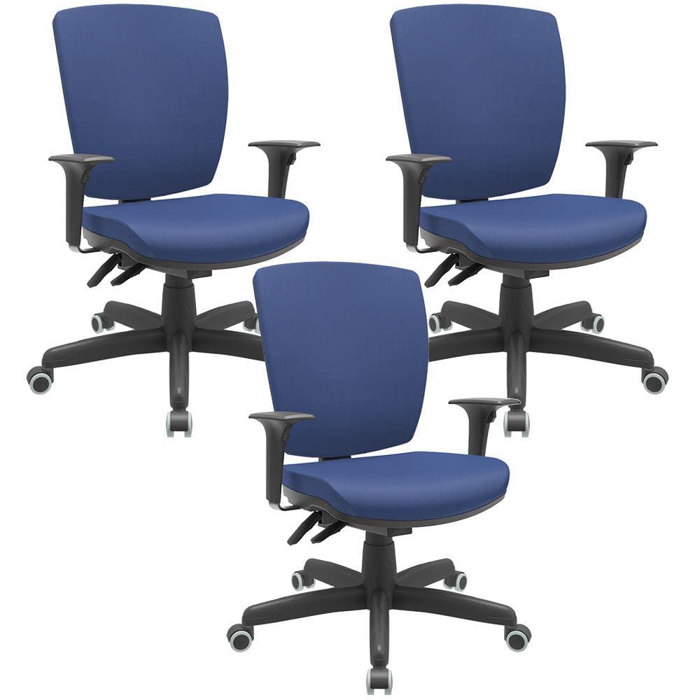 Kit 03 Cadeiras de Escritório Diretor Office Base Giratória Preto Alta Flexi P03 VinilAzul-Lyam
