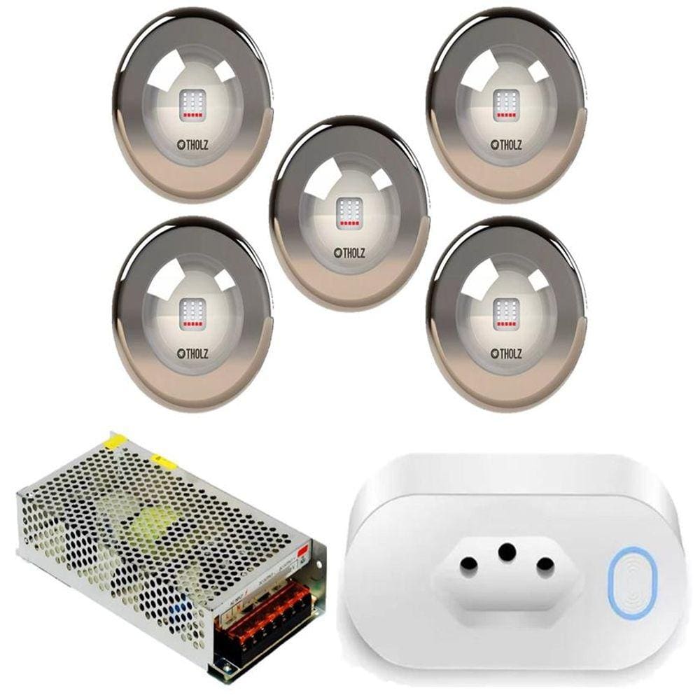 Kit 5 Led 18W Azul Premium Inox Tholz + Fonte + Tomada Wifi