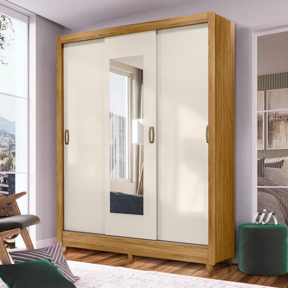 Guarda Roupa Casal Com Espelho 3 Portas De Correr Freijó Off White Beni Shop JM - Off White