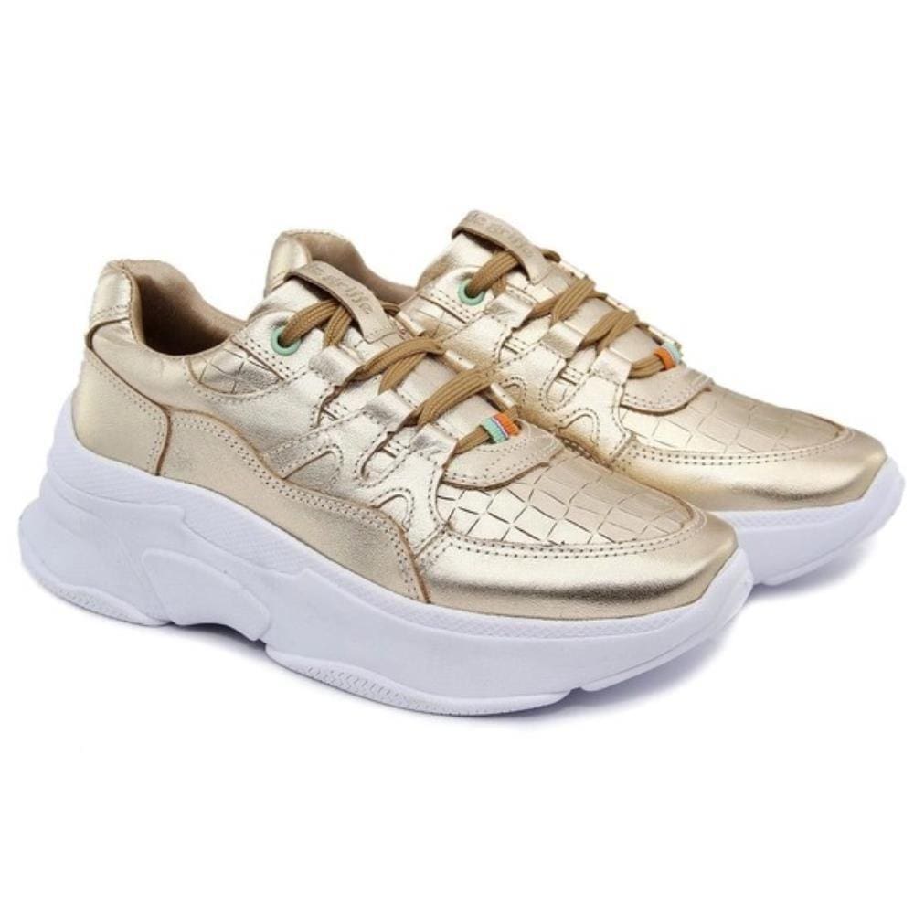 Tênis Casual Feminino Couro Metalizado Flatforme Moderno