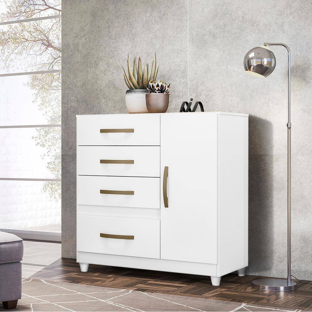 Cômoda 1 Porta 4 Gavetas Branco Com Pés Vênus Moval - Branco