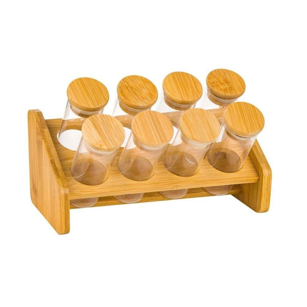 8 Potes de Vidro hermético Com Tampa e Suporte de Bambu