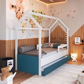 Cama Infantil Montessoriana com Cama Auxiliar Branco/Azul Secreto