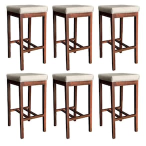 Kit 6 Banquetas Alta Bali Estofada 74 Cm Madeira Maciça Suede Bege CCS