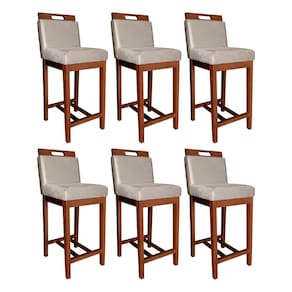 Kit 6 Banquetas com Encosto Estofado Média Veneza 94 Cm Madeira Maciça Suede Bege CCS