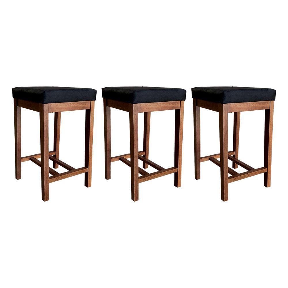 Kit 3 Banquetas Média Estofada Bali 64 Cm Madeira Maciça Suede Preto CCS