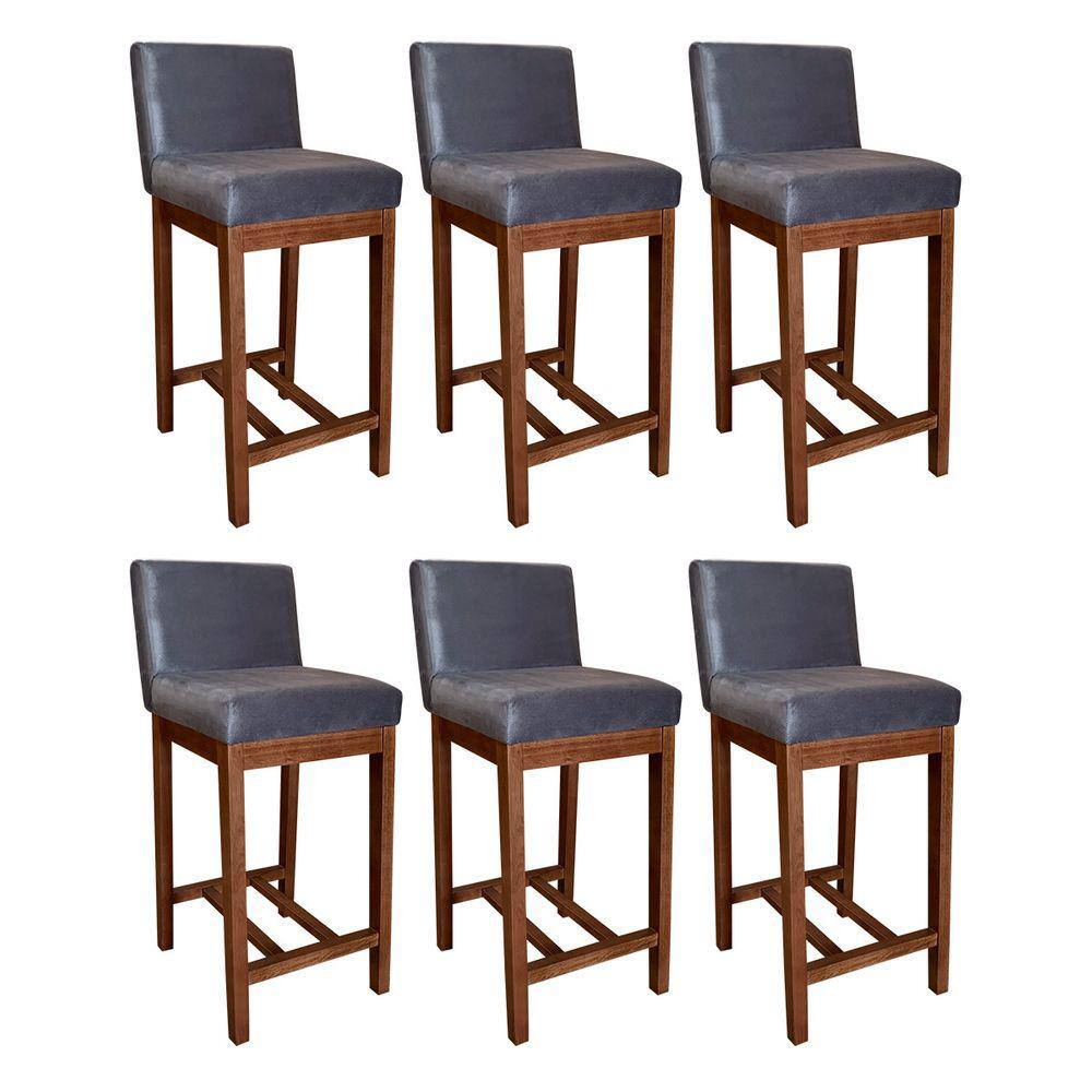 Kit 6 Banquetas Cinza Média Lisboa 90 Cm Madeira Maciça Maciça Suede CCS