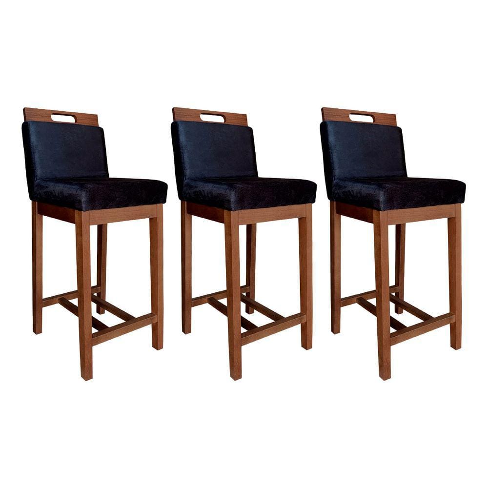 Kit 3 Banquetas Média Estofada Veneza 94 Cm Madeira Maciça Suede Preto CCS