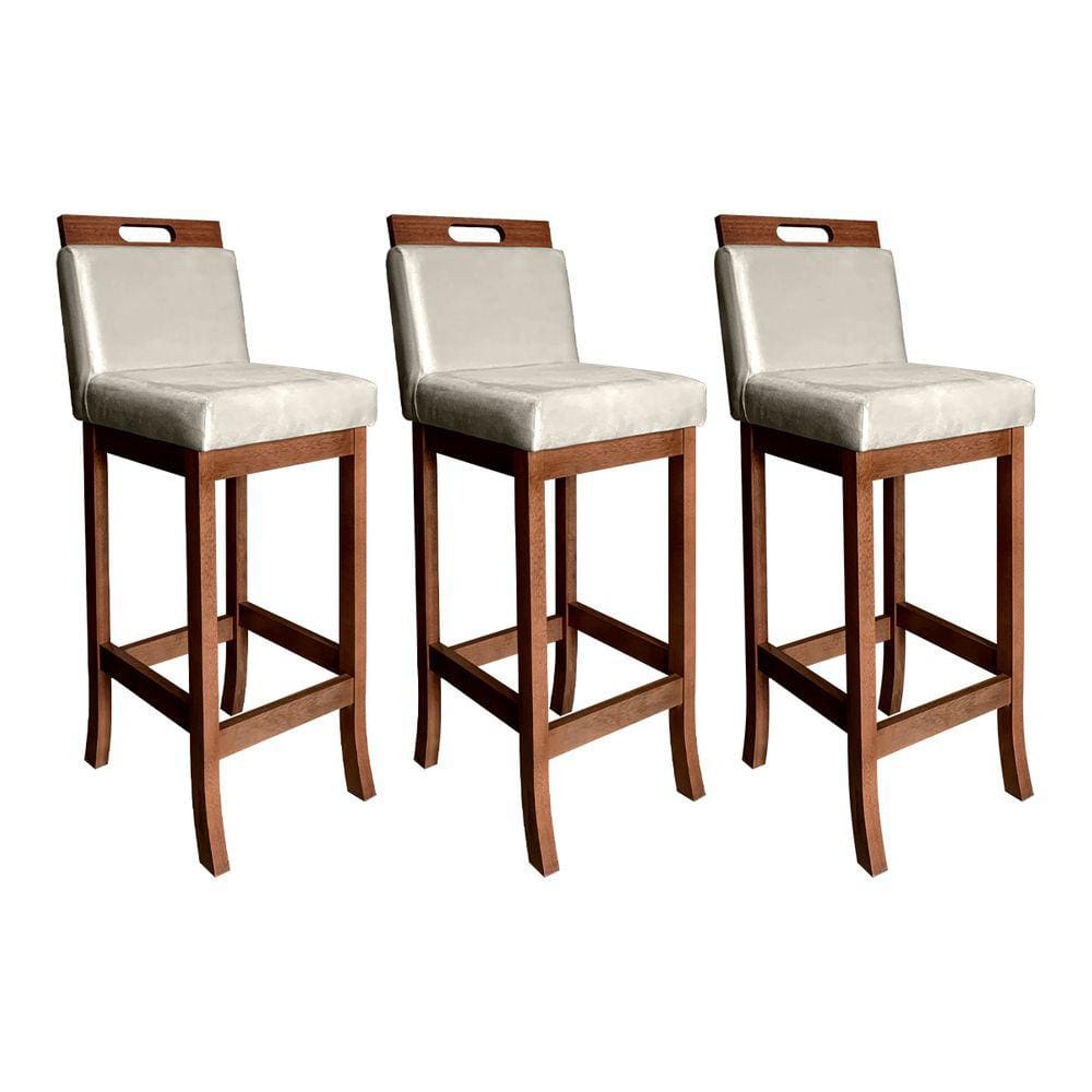 Kit 3 Banquetas Estofadas com Encosto Média Milão 94 Cm Madeira Maciça Suede Bege CCS
