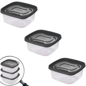 Pote de plástico Clic quadrado 1,1 litros com 3 unidades Plasutil ref.13865