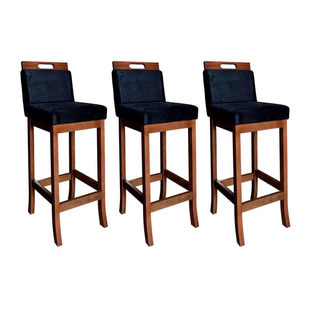 Kit 3 Banquetas Alta Estofadas Milão 104 Cm Madeira Maciça Suede Preto CCS